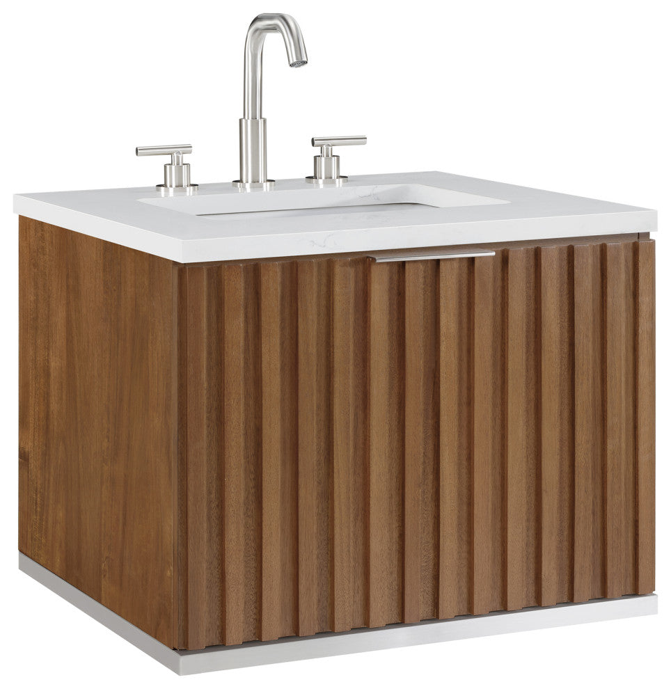 Terra Bathroom Vanity, Walnut/Brushed Nickel, 24", Calacatta Quartz Top