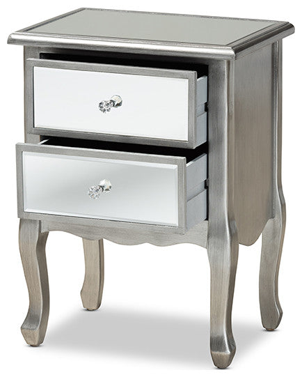 French Brushed Silver Finished Wood and Mirrored Glass 2-Drawer Nightstand