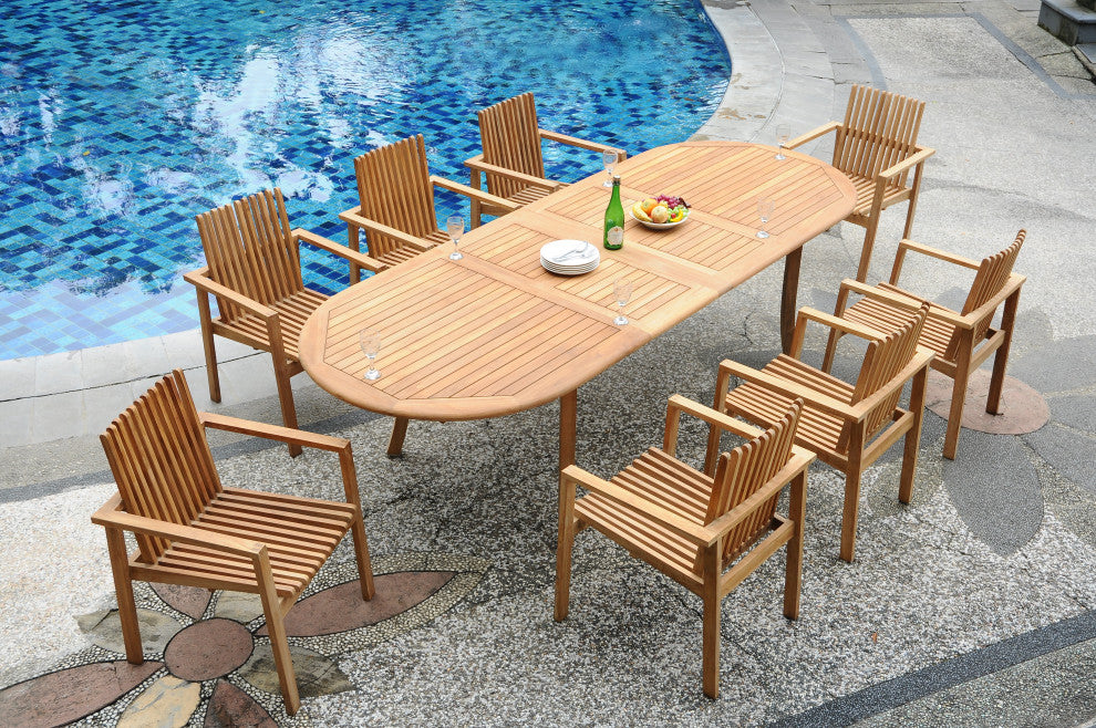 9-Piece Outdoor Teak Dining Set: 117" Oval Ext Table, 8 Clip Stacking Arm Chairs
