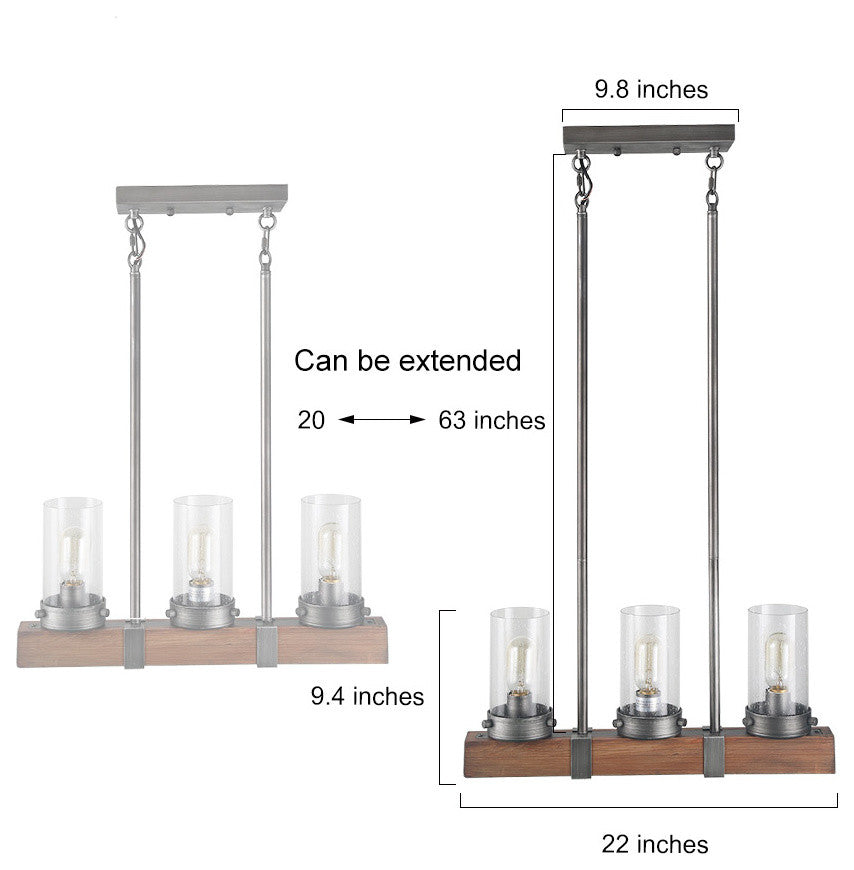LALUZ 3-Light Linear Chandeliers Wood Kitchen Island Lighting