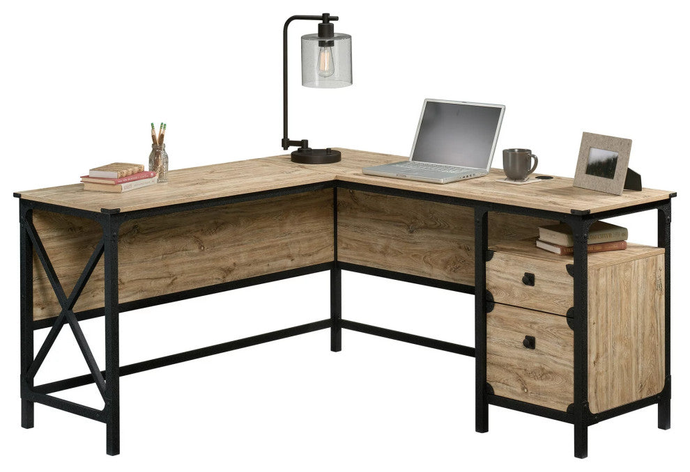 Industrial Desk, L-Shaped Design With Metal Frame & Lower Drawers, Mesquite