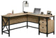 Industrial Desk, L-Shaped Design With Metal Frame & Lower Drawers, Mesquite