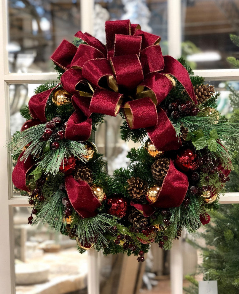 26" Evergreen Wreath with Berries, Pinecones, Ornaments and a Bow, Solid Burgundy and Gold