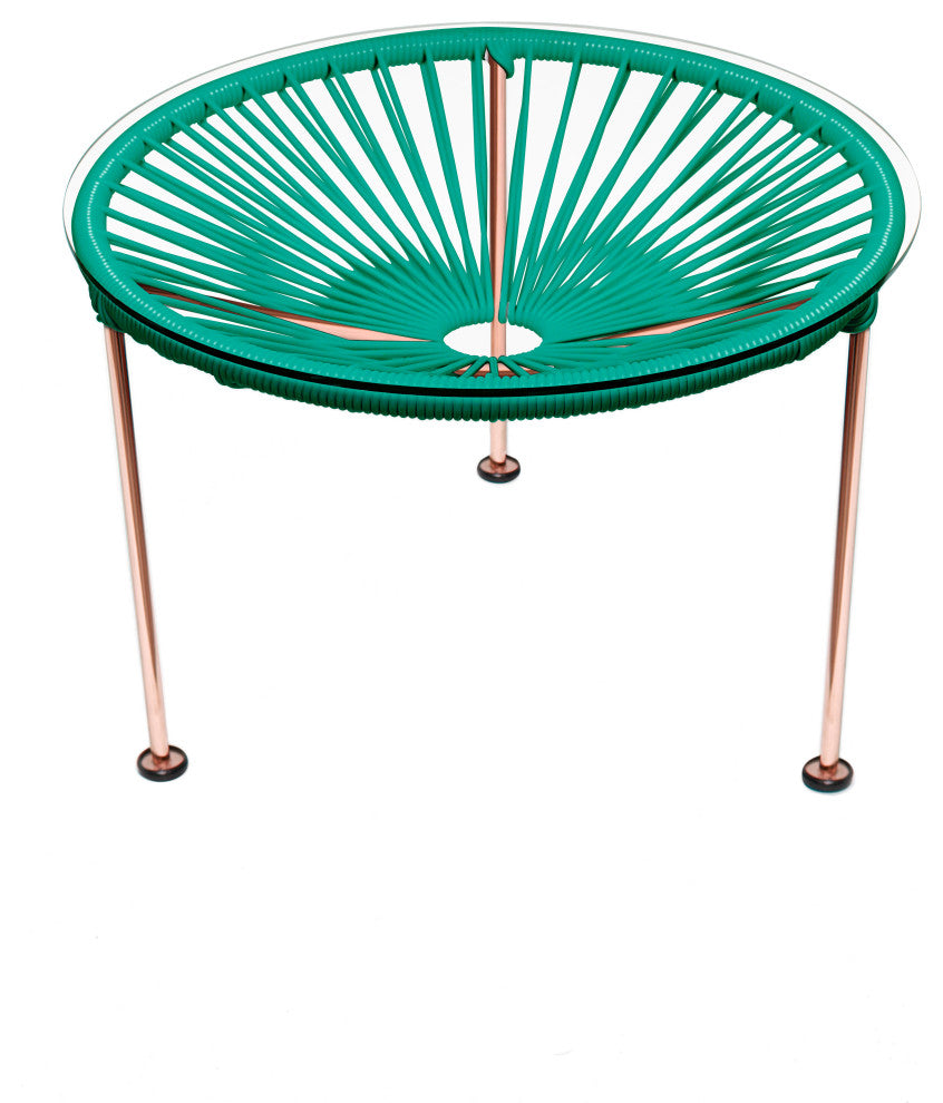 Zicatela Indoor/Outdoor Handmade Side Table, Turquoise Weave, Copper Frame