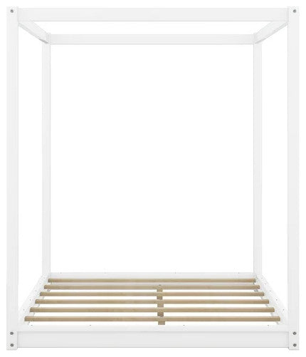 Pine Wood Canopy Bed, Low Profile Platform Bed with support Legs, Queen