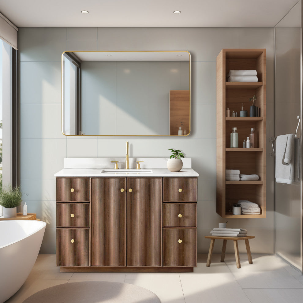 Oza Bath Vanity with Quartz Stone Top, Aged Dark Brown Oak, 48", Single Vanity, With Mirror