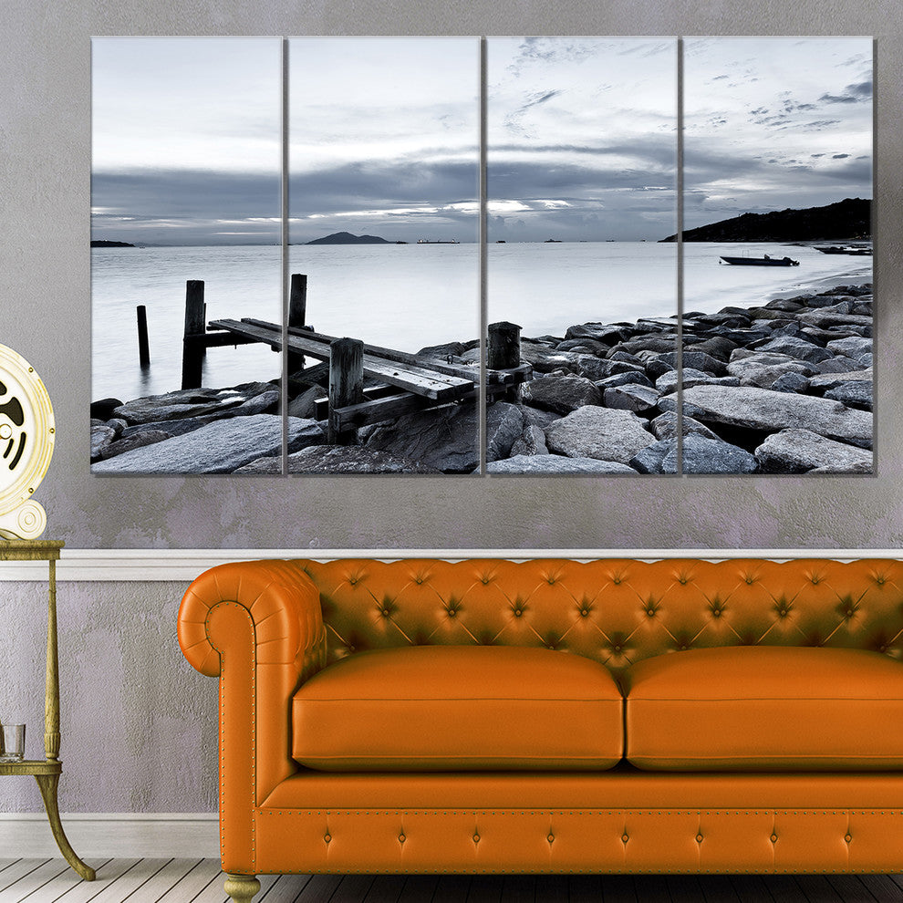 Small Sea Bridge from Rocky Beach, Landscape Canvas Art Print, 48"x28", 4 Panels