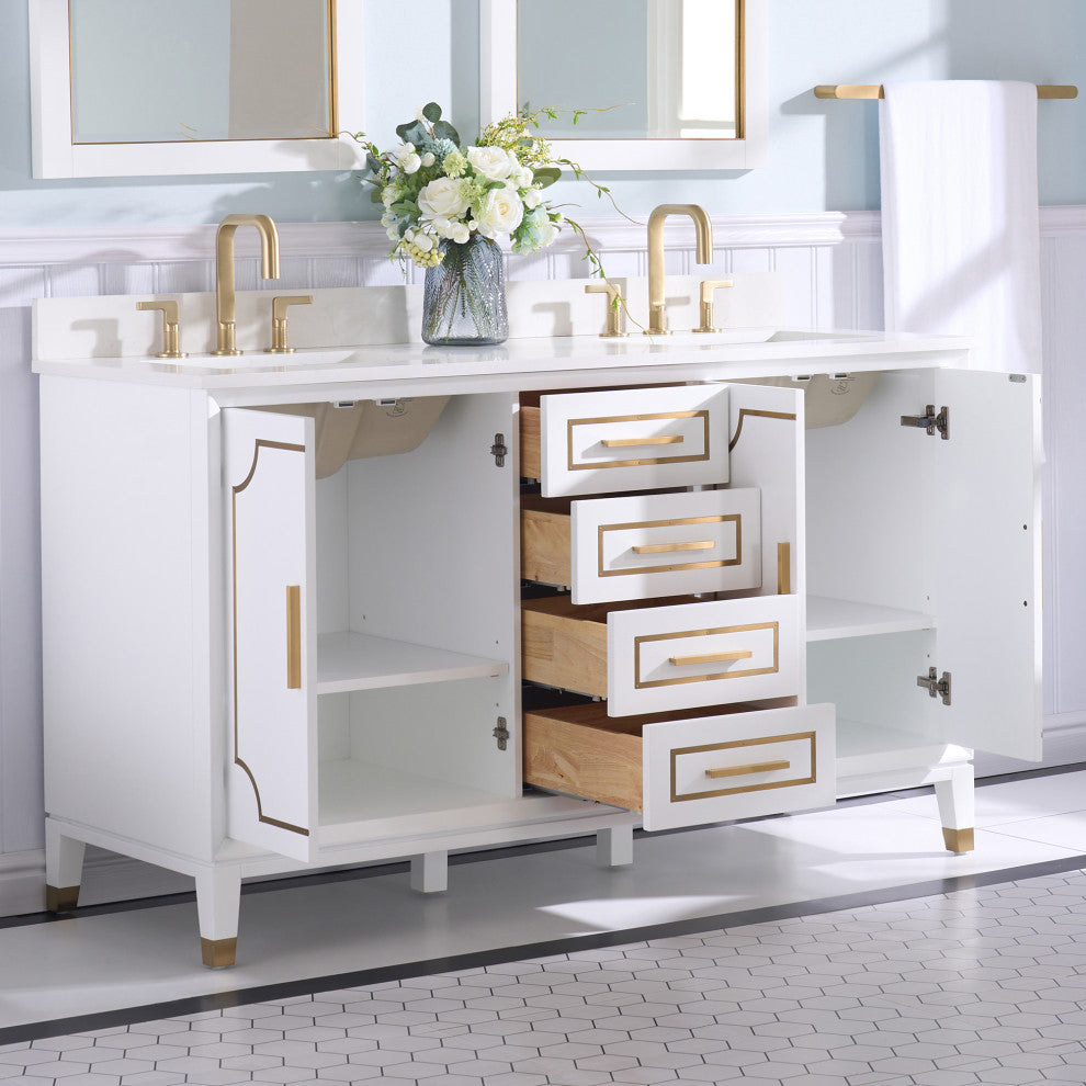 Melody Freestanding Bathroom Vanity with Wall Vanity Mirror and Quartz Top, White, 60"