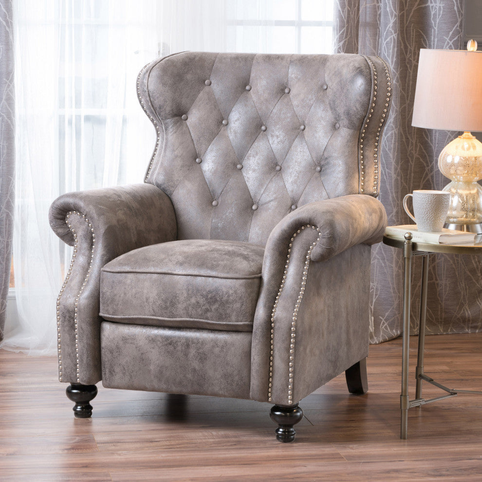 GDF Studio Walder Contemporary Tufted Fabric Recliner with Nailhead Trim, Warm Stone