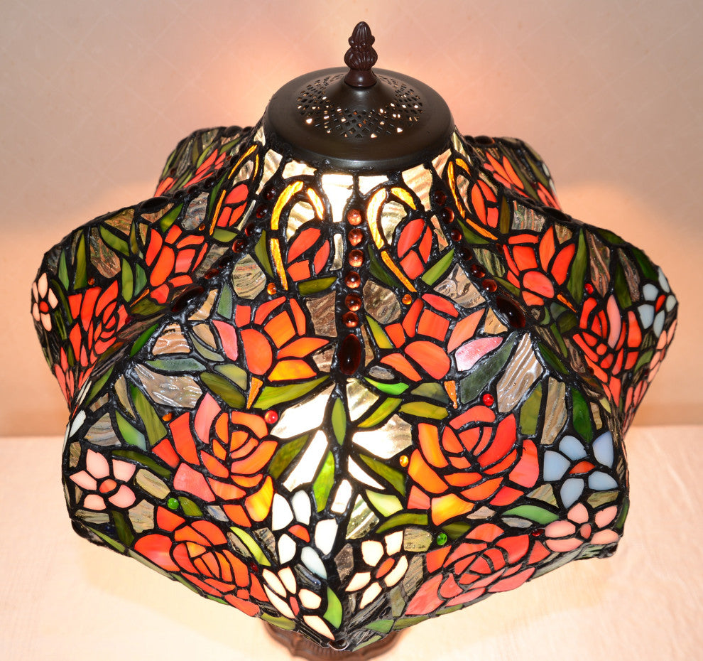 18"W Rose Flower Jeweled Stained Glass Handcrafted Table Desk Lamp, Zinc Base