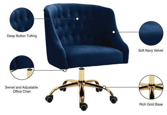 Elegant Office Chair, Velvet Seat & Buttonless Tufted Round Back, Navy/Gold