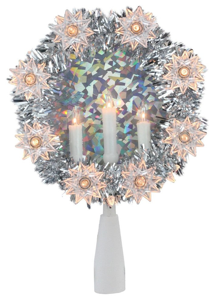 7" Silver Tinsel Wreath with Candles Christmas Tree Topper - Clear Lights