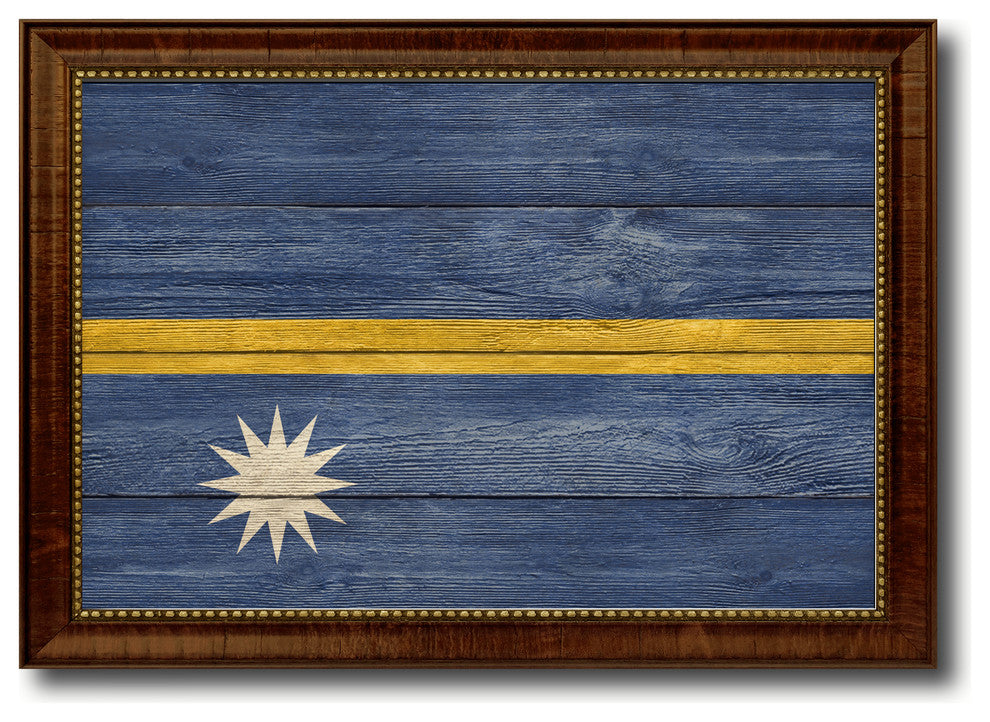 Nauru Country Textured Flag Print With Brown Gold Frame, 19"X27"