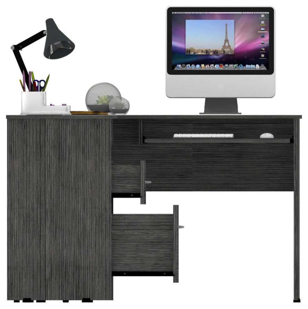 Raleigh L-Shaped Office Desk with 2 Drawers, Open Shelf, CPU Storage, Smoky Oak