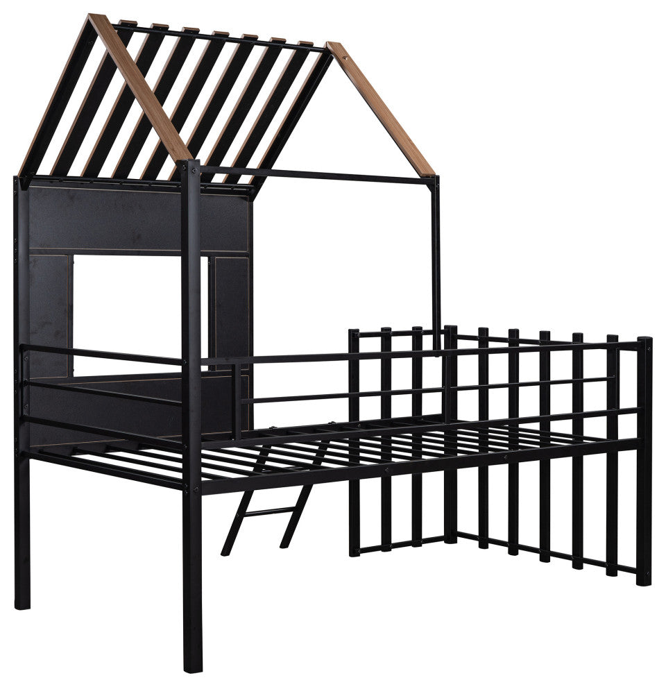 Gewnee Metal Twin size Loft Bed with Roof, Window, Guardrail, Ladder in Black