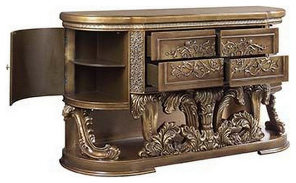 Benzara BM251167 Dresser With Scrolled Carvings & Half Moon Shape, Antique Gold