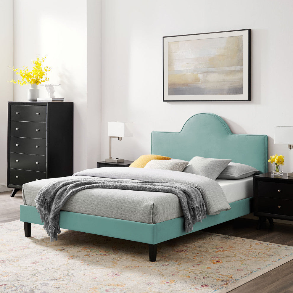 Platform Bed Frame, King Size, Blue, Velvet, Modern, Bedroom Master Guest Suite