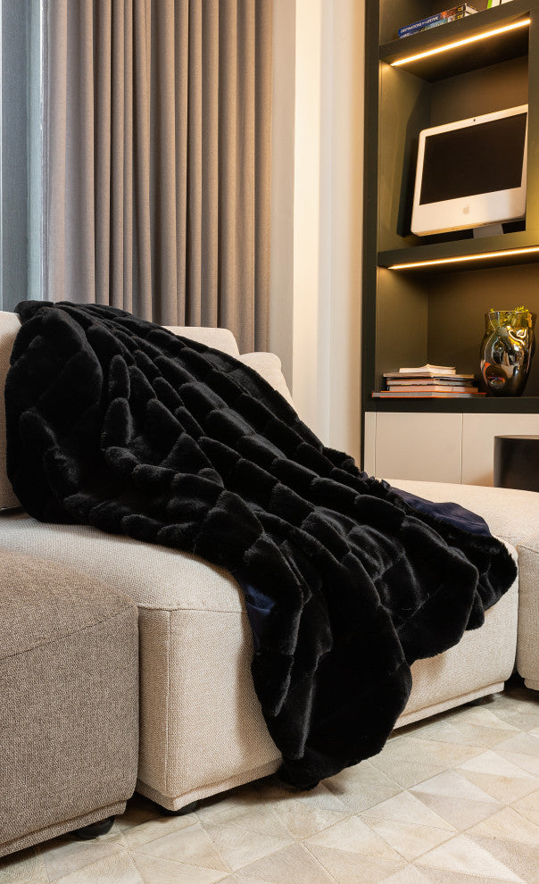 Limited Faux Fur Throw 50"x60", Black Jacquard