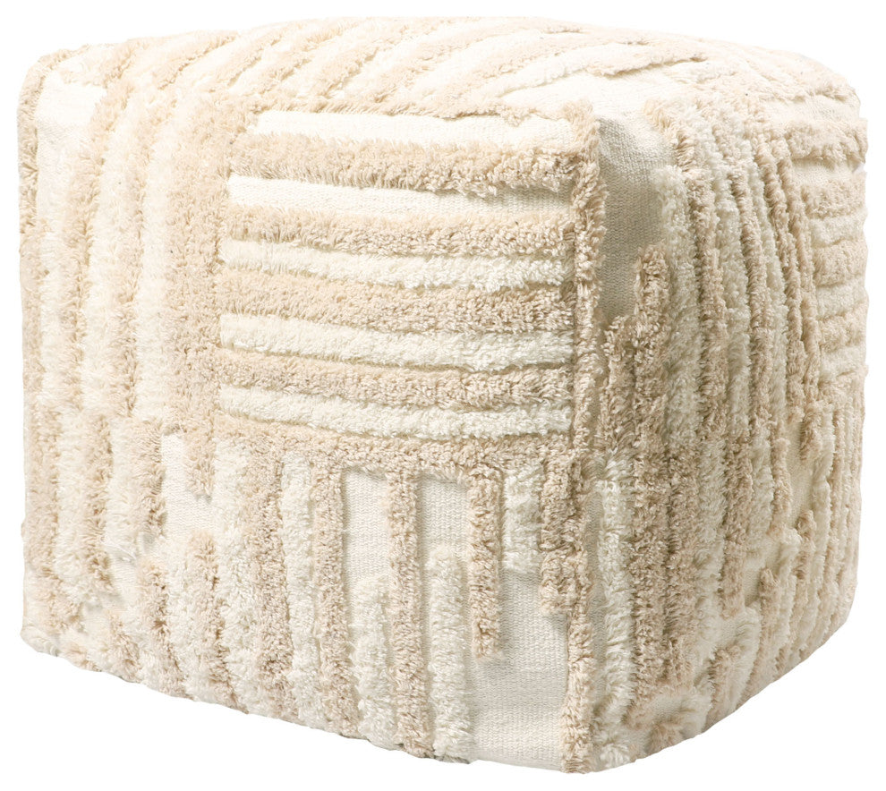 Stacy Garcia Beige/Cream Modern Striped Cube Pouf, 18"x18"x18"