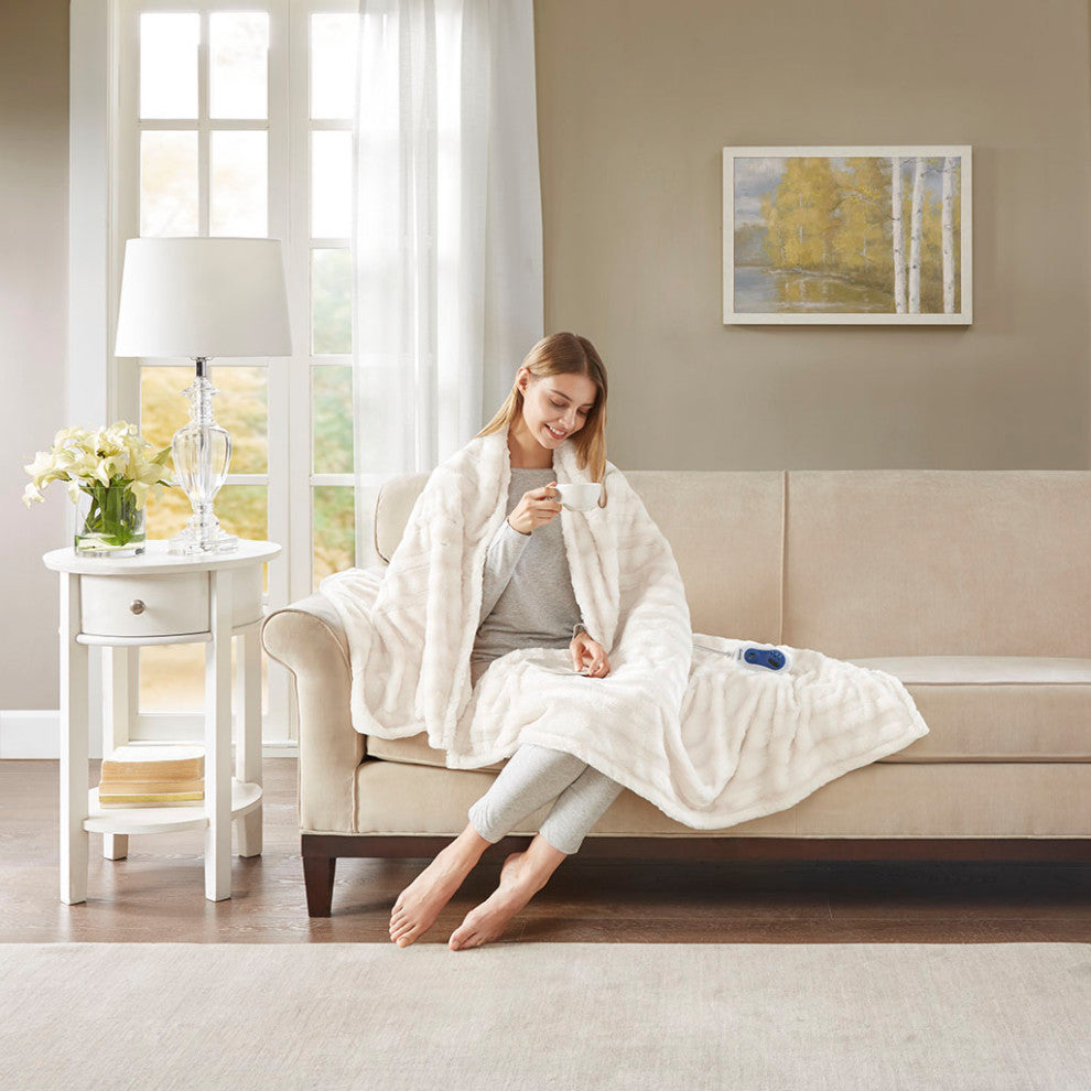 Beautyrest Heated Duke Faux Fur Heated Throw, Ivory
