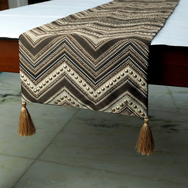 Decorative Table Runner Brown Jacquard Silk, Beaded & Tassels - Timberland