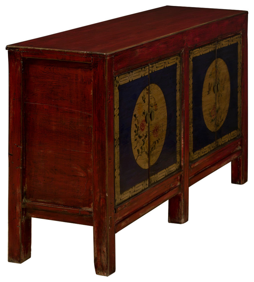 Hand Painted Flower Motif Distressed Red Yellow Blue Chinese Elmwood Sideboard