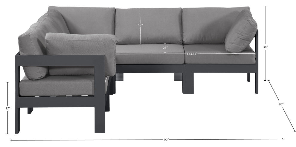 Nizuc Water Resistant Patio L-Shaped Modular Sectional, Gray, 5-Piece: 2 Armless Chair, 3 Corner Chair, Dark Gray Aluminum Frame