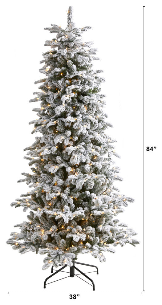 7' Flocked North Carolina Fir Faux Xmas Tree W/550 Lights & Bendable Branches