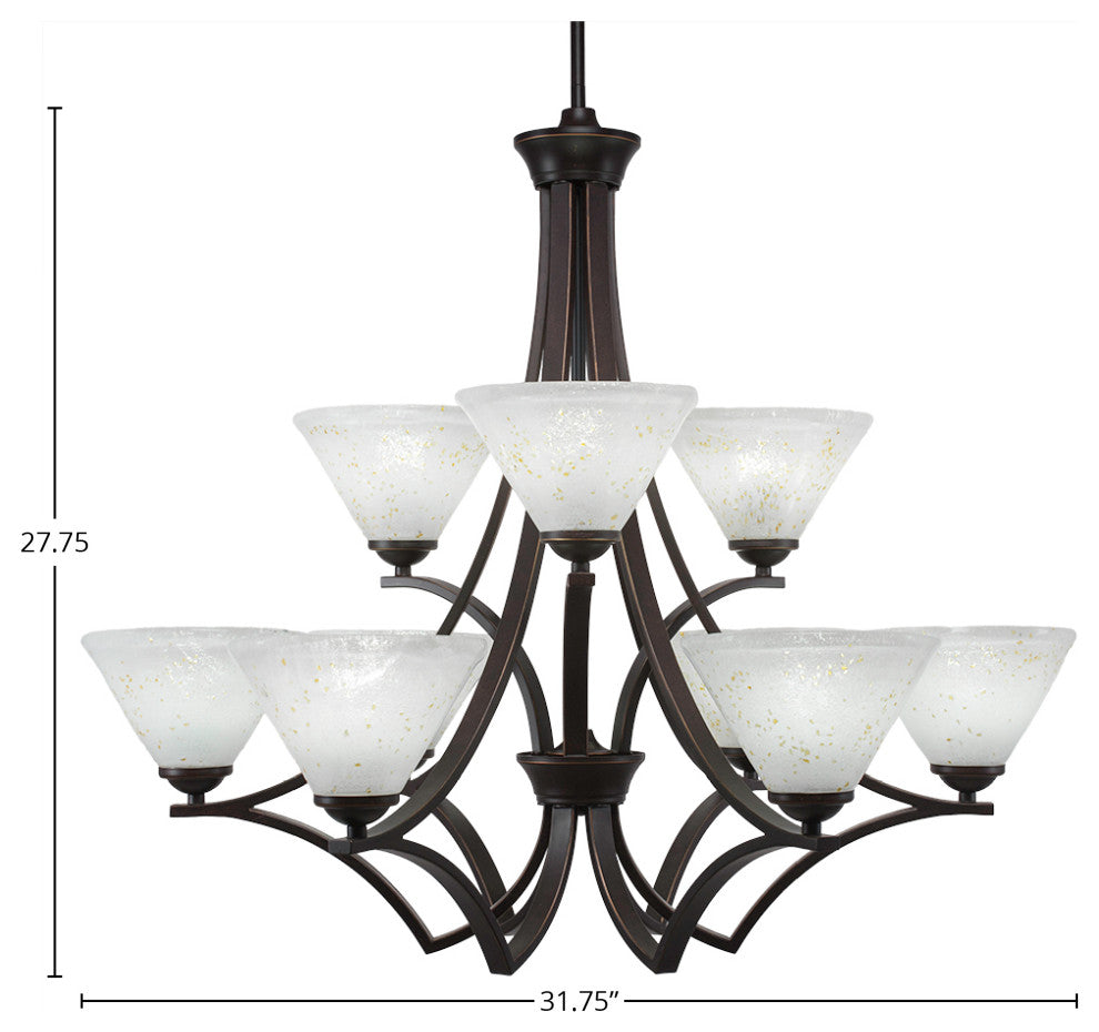 Zilo 9 Light Chandelier Shown, Dark Granite Finish With 7" Gold Ice Glass