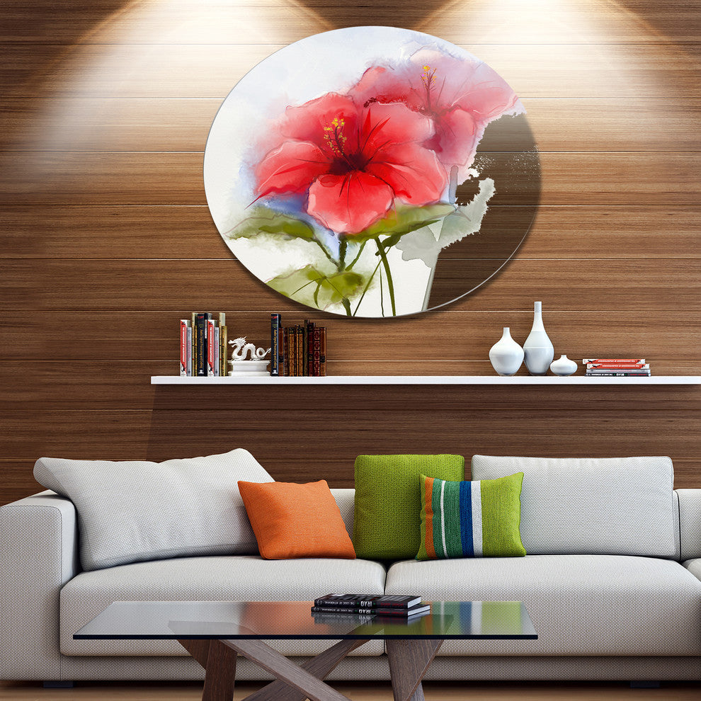 Watercolor Painting Red Hibiscus Flower, Floral Disc Metal Artwork, 11"