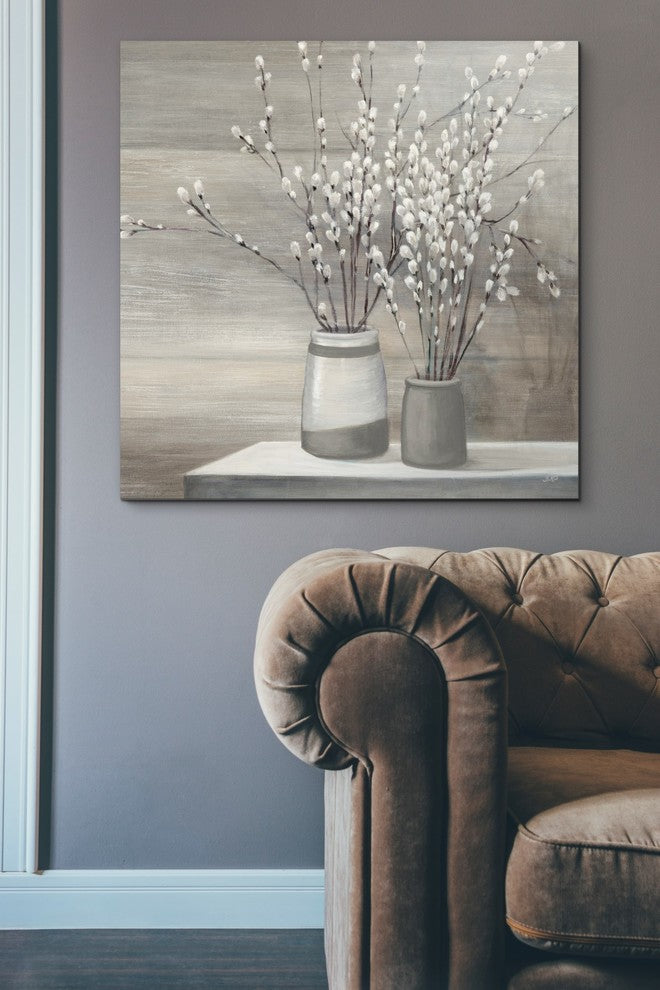 "Willow Still Life Gray Pots" Giclee Canvas Wall Art, 37"x37"