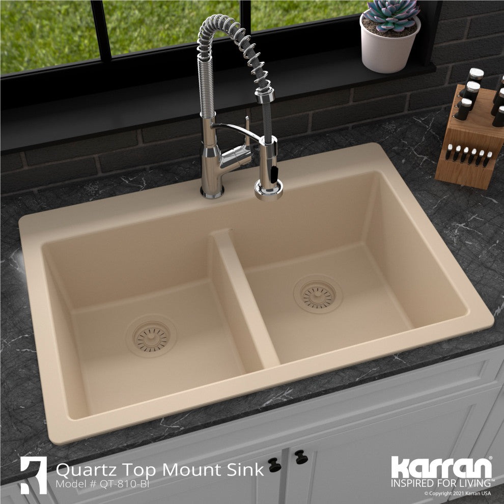 Karran 33" Top Mount Double Equal Bowl Quartz Kitchen Sink, Bisque