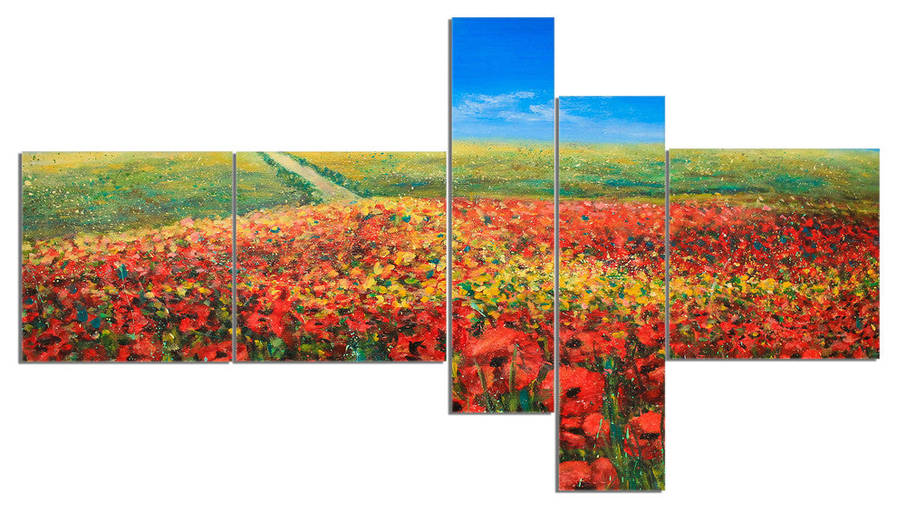Acrylic Landscape with Red Flowers, Large Floral Wall Art, 60"x32", 5 panels