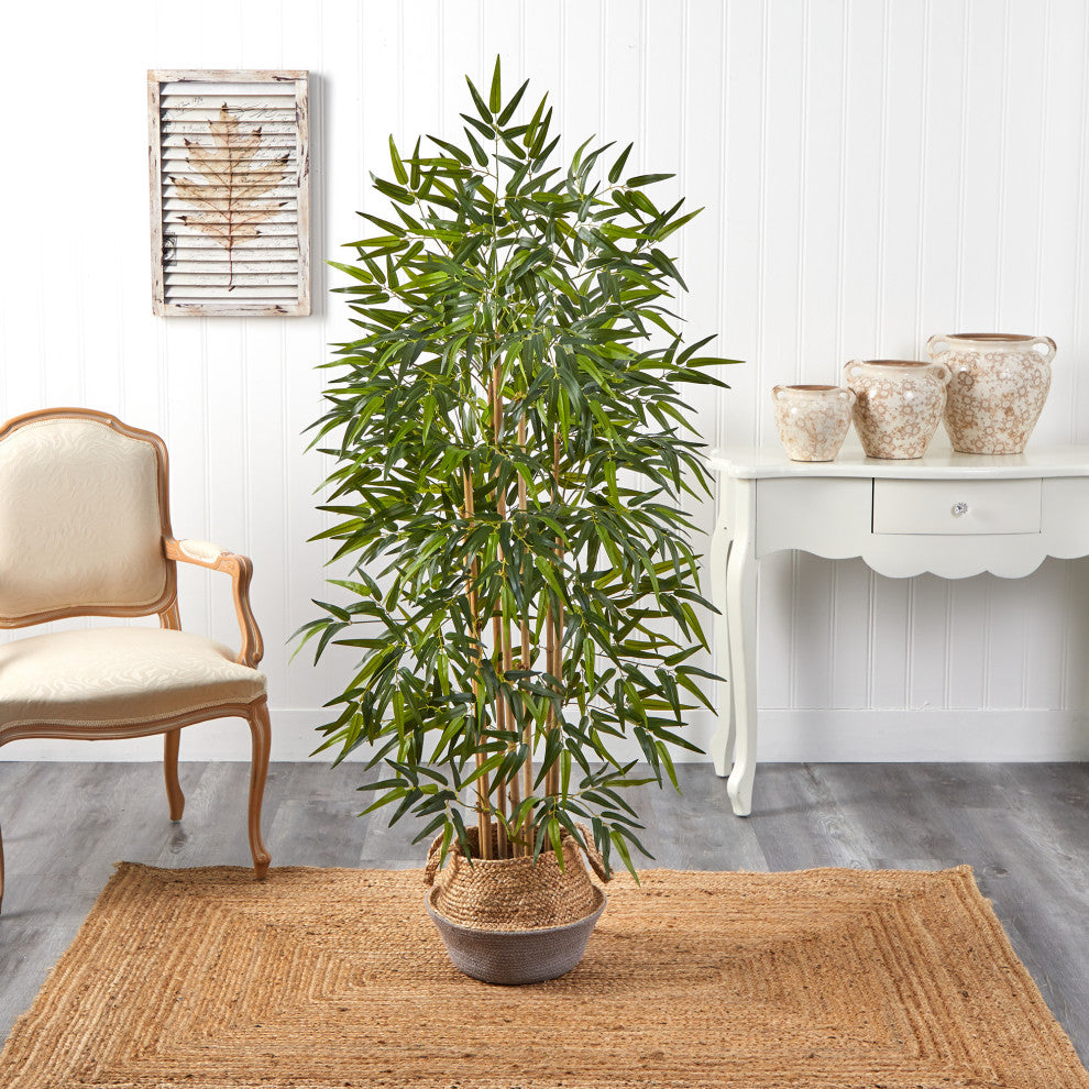 64" Bamboo Faux Tree Natural Bamboo Trunks Handmade Cotton & Jute Woven Planter