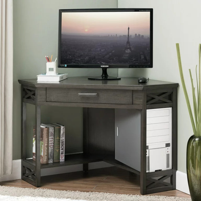 Corner Desk, Spacious Worktop With Storage Drawer & Lower Open Shelf, Smoke Gray