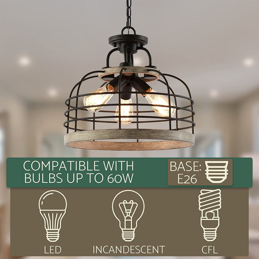 3 Light Industrial Chandelier Farmhouse Wood Cage Pendant Light