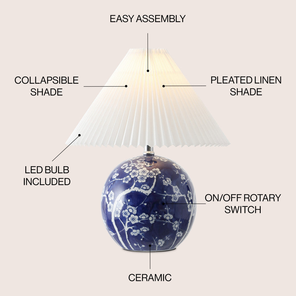 Shishen Cottage Classic Chinoiserie Ceramic Orb LED Table Lamp, Pleated Shade