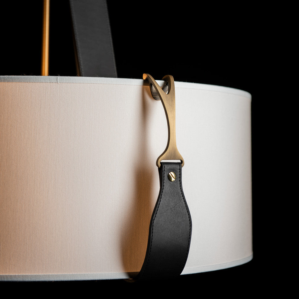 Saratoga Small Pendant, Antique Brass, Black Leather, Natural Anna Shade