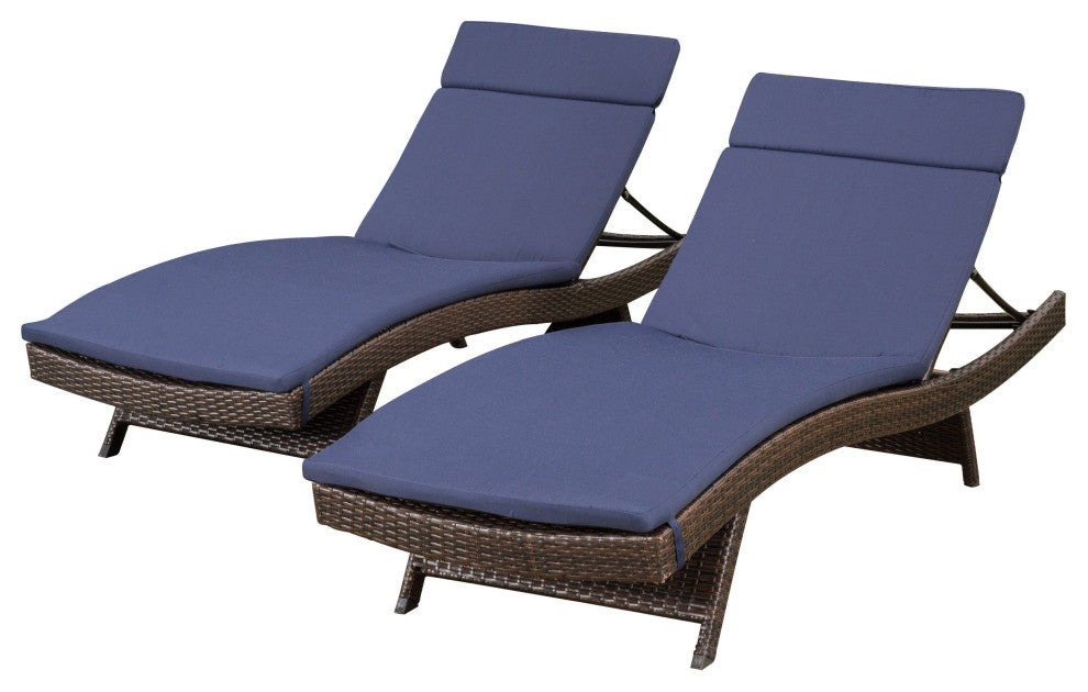 GDF Studio Florida Outdoor Chaise Lounge Chairs With Navy Cushions, Set of 2