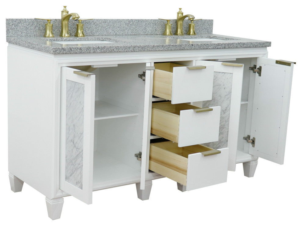 61" Double Sink Vanity, White Finish With Gray Granite And Rectangle Sink
