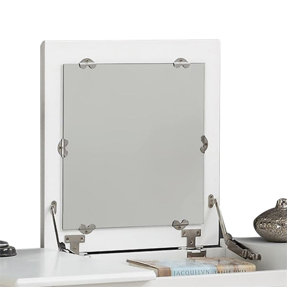 Poundex Furniture Wood Vanity Set with Stool and Mirror in White