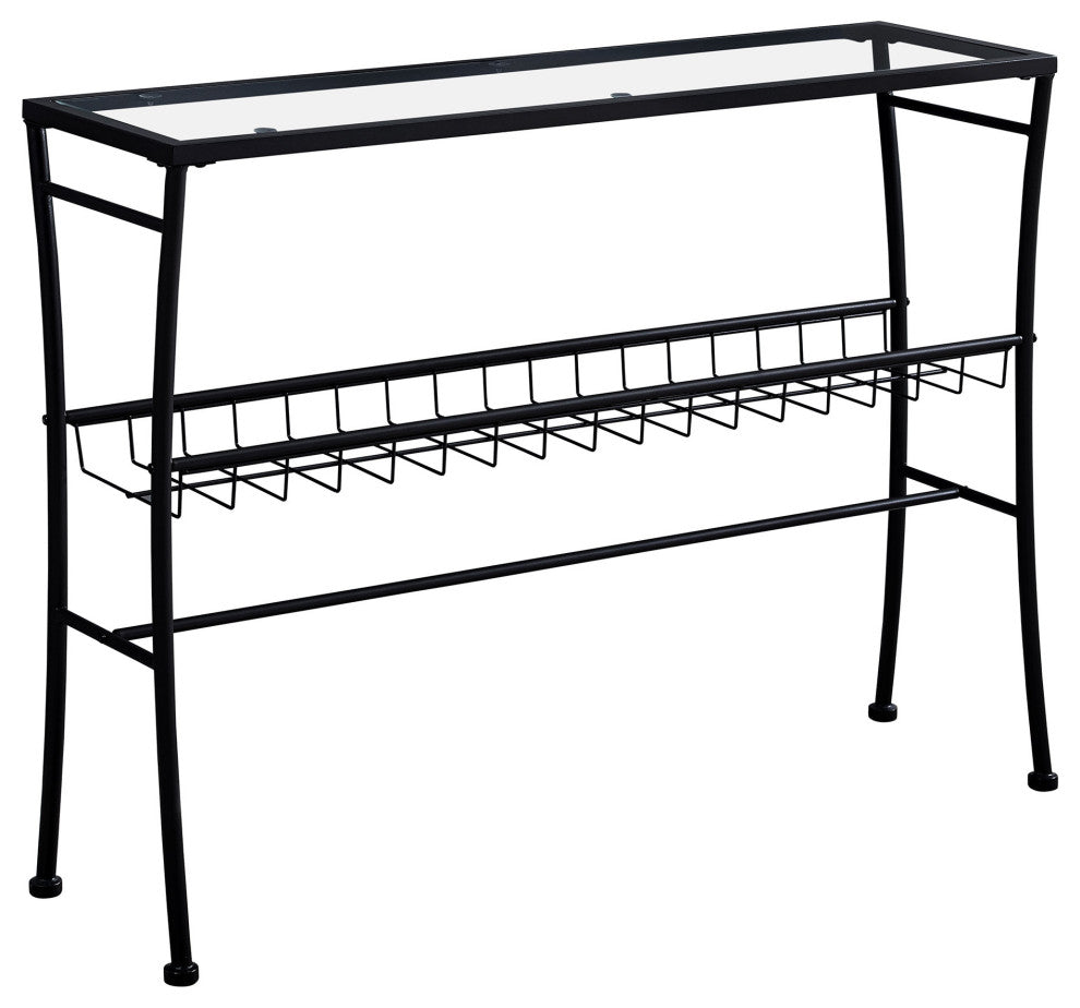 HomeRoots 12" x 41.75" x 32" Black Clear Metal Tempered Glass Accent Table