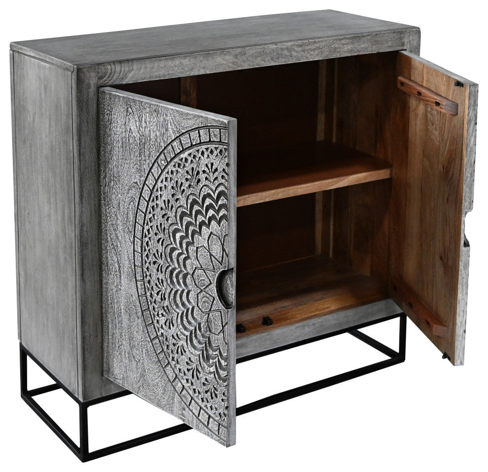 Zera 39" Accent Cabinet 2 Doors Medallion Carving Gray Mango Wood Black Iron