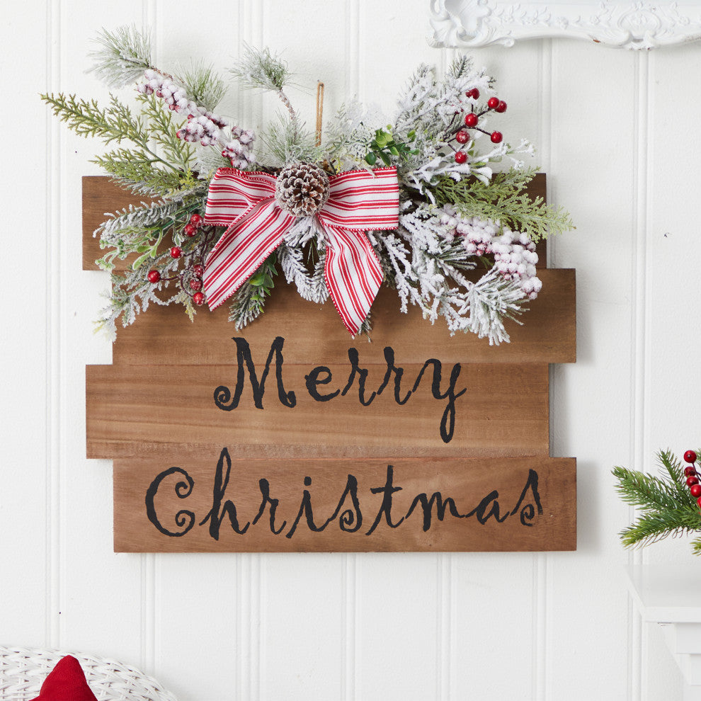 20" Holiday Merry Christmas Door Wall Hanger With Pine and Berries Stripped Bow