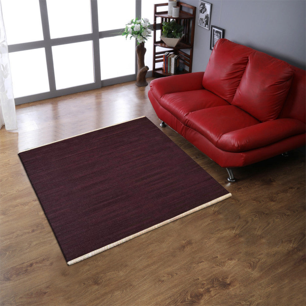 HAND WOVEN FLAT WEAVE KILIM WOOL ECO-FRIENDLY AREA RUGS, Rectangle, Plum, Solid, Plum, [Square] 8'x8'