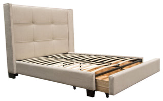 Queen Bed With Integrated Footboard Storage Unit and Accent Wings, Sand Fabric