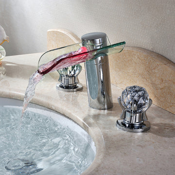 Morga LED Lighted Waterfall Bathroom Widespread Sink Faucet Crystal Handle