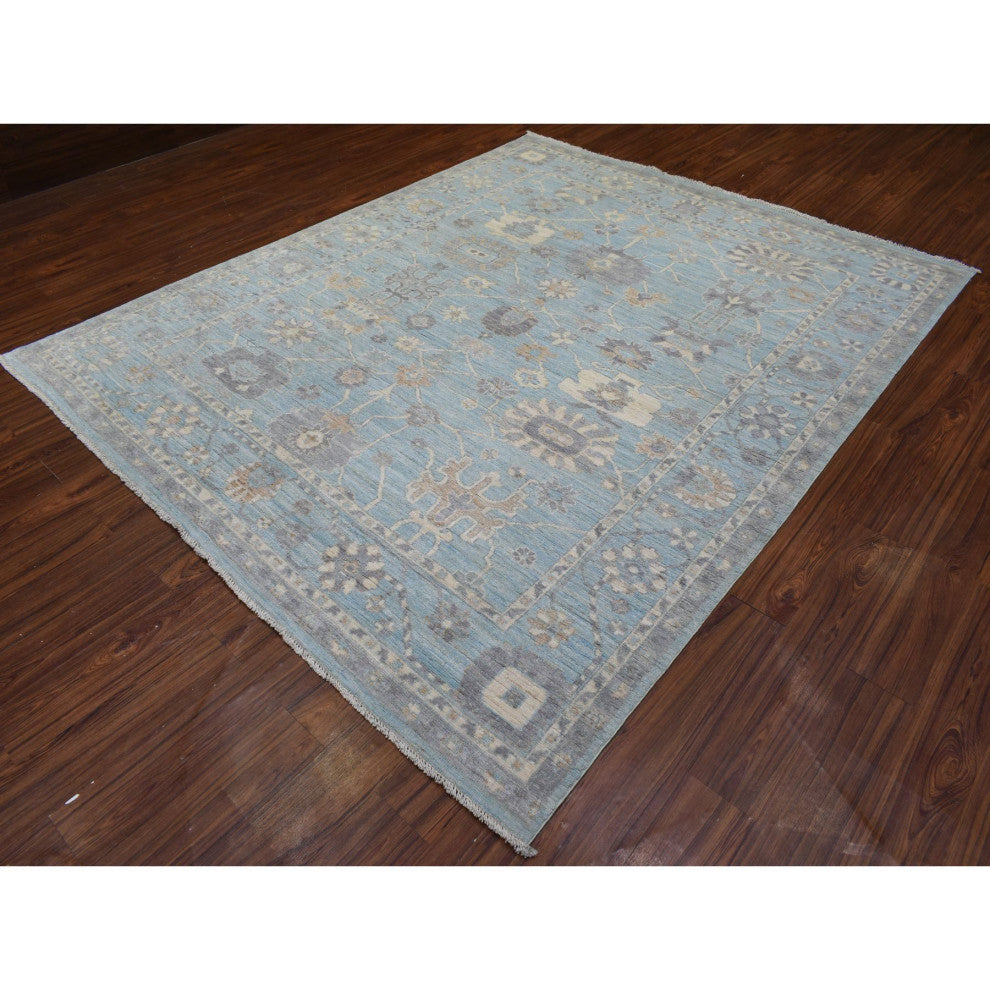 Light Blue Soft Wool Hand Knotted Afghan Angora Oushak Oriental Rug, 8'0"x9'8"