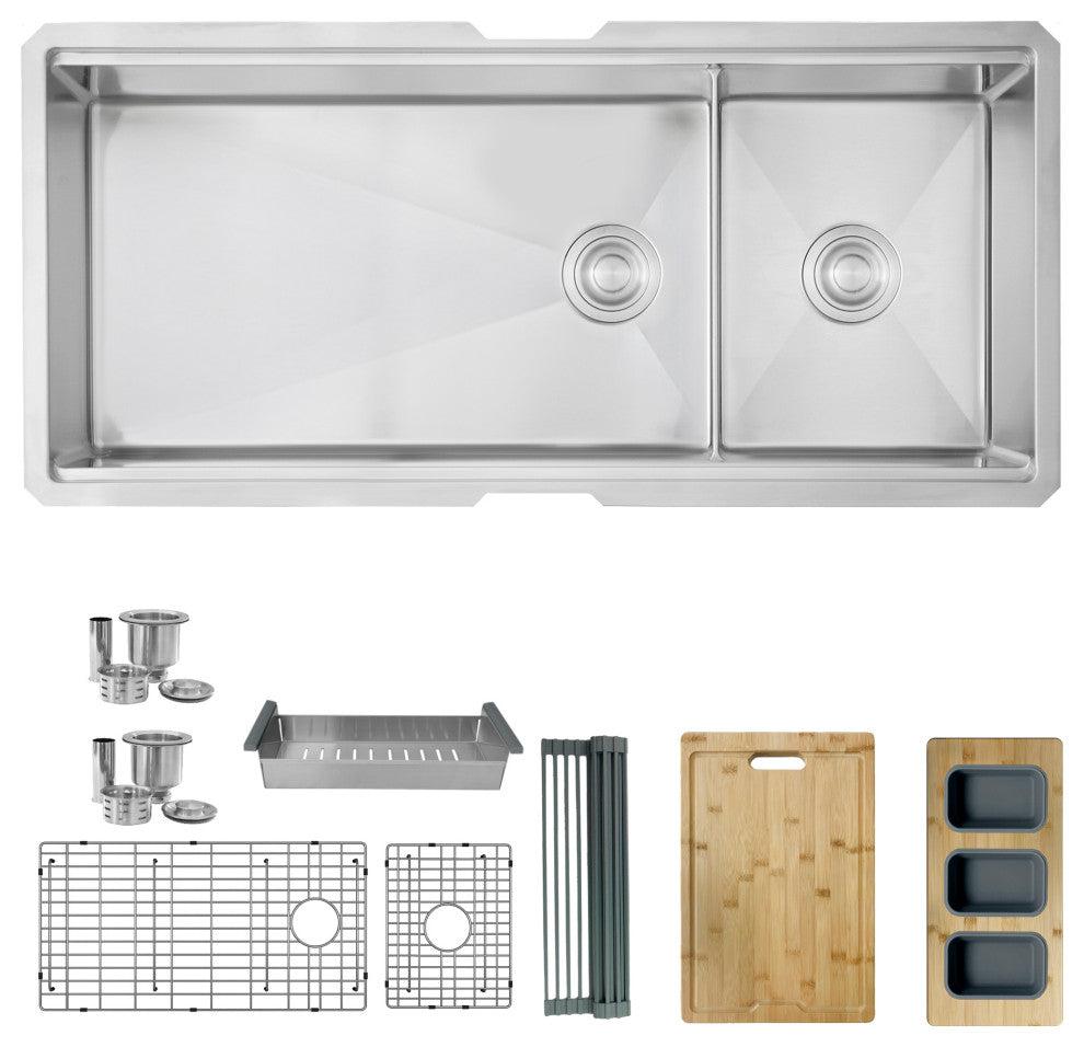 STYLISH 42"x19 W" Undermount 70/30 Double Bowl 16G Workstation Kitchen Sink