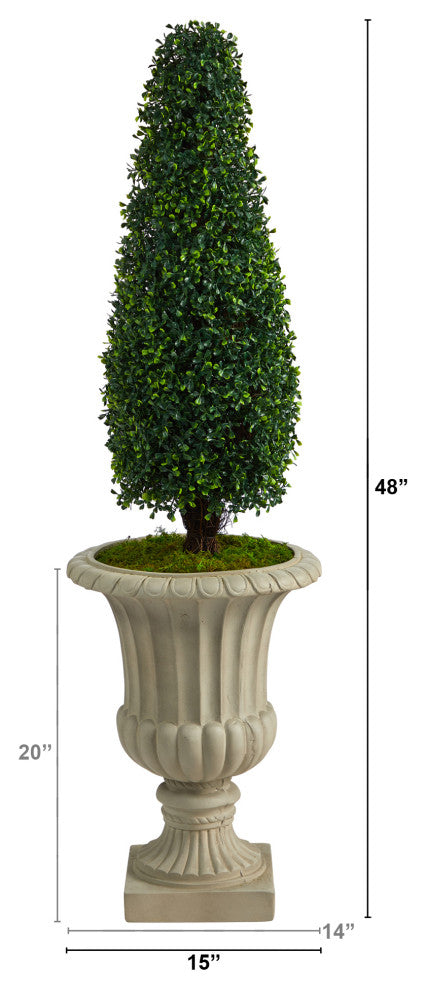 4' Boxwood Tower Faux Topiary Tree Sand Finished Urn UV Resistant Indoor/Outdoor